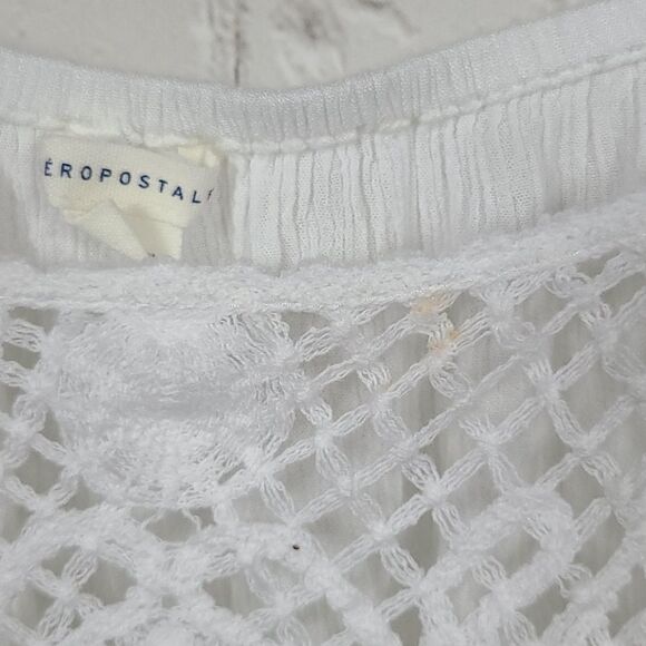 Aeropostale White Lace Flutter Sleeve Crepe Tank Tee Medium Knit Blouse Work - Picture 4 of 8